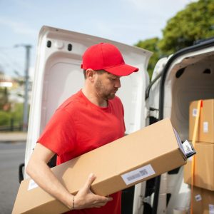 Courier in red uniform unloading packages from a delivery van on a sunny day.